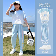 優(yōu)優(yōu)1點(diǎn)網(wǎng)紅炸街套裝夏裝女童衣服休閑運動(dòng)中大兒童夏季短袖時(shí)髦洋氣童裝 5711藍色+9792漸變色【不含鞋】 120cm