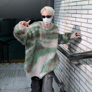 POUM 毛衣男士慵懶風(fēng)秋冬季街頭馬海毛潮牌拼色不規(guī)則條紋漸變針織衫 DDD-870綠色 2XL