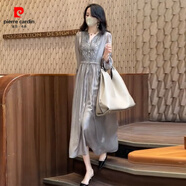 皮爾卡丹桑蠶絲連衣裙女2024年夏季新款高級感刺繡寬松遮肚氣質長款真絲裙 淺灰色 S 【建議95-109斤】