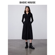 BASIC HOUSE/百家好小個子收腰大擺裙秋冬針織拼接立領(lǐng)連衣裙黑色M