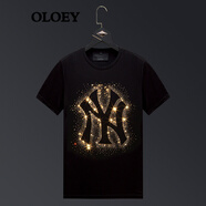 OLOEY 樂樂兔香港潮牌絲光棉燙鉆t恤男潮流時(shí)尚男裝衣服男短袖大碼體恤精神小伙打底衫 166黑色 2XL