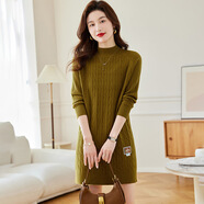 歌米拉（Gemila）中長(cháng)款麻花毛衣女秋冬加厚打底衫新款冬季內搭洋氣遮屁股上衣 芥綠 4XL 【145斤-160斤】