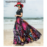 vuzrmm香港潮牌品牌女裝春夏中長(zhǎng)款大擺半身裙雪紡紗a字裙百褶長(zhǎng)裙半截垂感裙子 黑色郁金香 XS腰圍1.7-1.8尺
