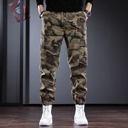 古先森工裝褲男寬松迷彩褲男秋季新款束腳褲美式復古男士休閑褲男長(cháng)褲子 卡其色 M 【100-120斤】