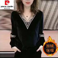 皮爾卡丹（pierre cardin）大尺碼女裝v領(lǐng)t恤金絲絨上衣秋冬新款寬松顯瘦遮肚子長(cháng)袖時(shí)髦打底 黑色【金絲絨加絨】 L 建議100-115斤