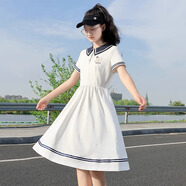 方糖姑娘初中生短袖連衣裙夏裝少女2025日系水手服中長款JK服學(xué)院風(fēng)裙子 66318SC白色 M