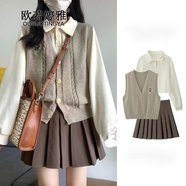 歐若婷雅連衣裙學(xué)院風(fēng)馬甲春秋新款小個(gè)子百褶裙韓版時(shí)尚洋氣兩件套套裝裙 馬甲+衛衣+百褶裙 L