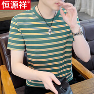 恒源祥2024夏季新款橫條紋短袖T恤男純棉吸汗圓領(lǐng)體恤男裝水洗半袖上衣 綠色 L 120斤以下