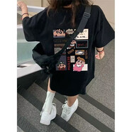 VEOX美式hiphop蠟筆小新短袖t恤女學生夏時尚情侶裝寬松百搭ins上衣潮 黑色/優(yōu)質(zhì)T恤 M 【90-110斤】