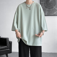 華天牧t恤男夏季涼感速干寬松衣服美式復(fù)古大碼七分袖體恤潮牌 淡綠色 M 建議90-115斤可穿