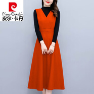 皮爾卡丹（pierre cardin）2023秋冬新款毛呢背帶套裝裙女氣質(zhì)修身顯瘦毛衣馬甲連衣裙兩件裝 焦糖橘 2XL