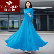俞兆林（YUZHAOLIN）新款女長袖系帶領純色雪紡連衣裙修身顯瘦沙灘度假長款大擺裙 天藍色 S _建議80-90斤
