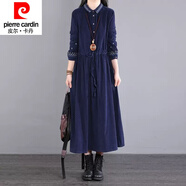 皮爾卡丹（pierre cardin）高端復(fù)古刺繡燈芯絨連衣裙女2024秋季韓版寬松顯瘦系帶收腰長裙子 藏藍(lán)色 2XL 【140-165斤】
