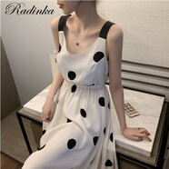 Radinka2025夏新款波點(diǎn)吊帶連衣裙女韓版中長(zhǎng)款性感露背法式收腰大擺裙 白色波點(diǎn) S