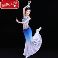 盛束跳舞穿的傣族舞蹈服藝考練功服裝女演出服新款單肩民族裝女孔雀舞 藍(lán)色全套 S