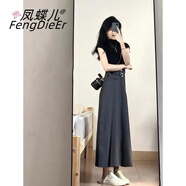 鳳蝶兒新款連衣裙女裝夏裝法式溫柔風(fēng)面試套裝氣質(zhì)韓版甜美襯衫裙子夏天 黑T恤+灰裙套裝【2477】 S