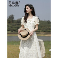 丹珠娜蕾絲連衣裙女裝2025新款夏季設(shè)計(jì)甜美文藝復(fù)古溫柔法式碎花長(zhǎng)裙子 綠花短袖 S