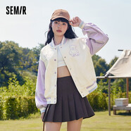 Semir森馬外套女小熊刺繡撞色復(fù)古風(fēng)秋冬寬松棒球服潮流學(xué)院風(fēng) 紫白色調(diào)0171 150/76A/XS