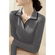 蜜莎蜜拉（Mirza Mirror）深灰色長(cháng)袖針織衫女秋季新款修身顯瘦內搭打底上衣拼色POLO領(lǐng)毛衣 深灰色 s建議80-100