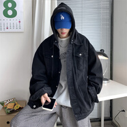 主意范（ZHUYIFAN）胖子超大碼牛仔外套男寬松大碼夾克高街連帽牛仔衣潮百搭休閑上衣 JK780黑色 5XL 205-240斤