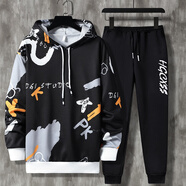 宗獅猴 (上衣+褲子）男款短袖短褲夏天套裝男生籃球服夏季韓版全套衣服 黑色連帽 3XL