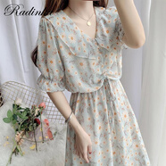 Radinka2025夏新款雪紡連衣裙初戀碎花裙娃娃領(lǐng)長(cháng)裙淑女風(fēng)溫柔仙女裙YYF 911-【翠綠雛菊】 S 