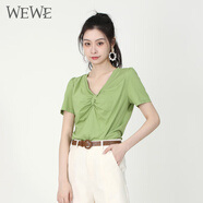 WEWE唯唯夏季新款女裝氣質(zhì)甜美通勤時(shí)尚V領(lǐng)短袖T恤女 綠色 S (160)