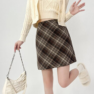 啄木鳥(niǎo)（TUCANO）大碼微胖MM毛呢半身裙秋冬復古短裙女高腰A字格子包臀裙梨形身材 卡其色 高品質(zhì) 有安全褲 L 建議104斤-115斤