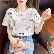 啄木鳥純棉短袖t恤女白色半袖體恤夏裝2025年新款韓版寬松女士夏季上衣 852花枝 L 建議110-125斤