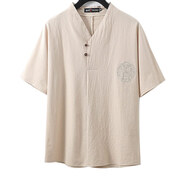 夏季加大碼短袖t恤男寬松棉麻佛系中老年推拿按摩沐足養生半截袖 杏色 XL(建議131-145斤)