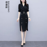 佰藍(lán)嬌 2020夏裝新款夏季女裝時(shí)尚氣質(zhì)韓版遮肚子顯瘦女士V領(lǐng)黑色短袖職業(yè)連衣裙中長(zhǎng)款夏天包臀裙子 黑色 L