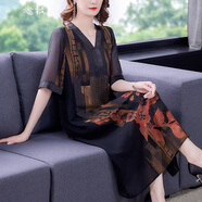 意枕上加肥加大碼女裝夏季新款復古v領(lǐng)花色中長(cháng)款過(guò)膝連衣裙女大碼女裝 圖片色(1239) 4XL (190-235斤)