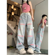 QGF休閑牛仔褲女刺繡字母直筒設(shè)計感拖地休閑寬松百搭學(xué)生情侶長褲子 粉色 L