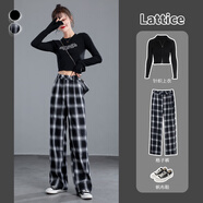 朵粉兒高腰休閑格子褲女寬松春秋季2023新款ins垂感闊腿褲黑白格拖地褲 黑白格-單款 L