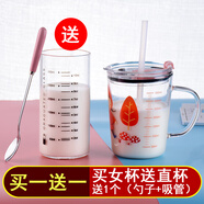 SOJER（雙集）玻璃牛奶杯吸管杯帶蓋兒童奶粉學(xué)生早餐杯耐熱微波爐加熱家用男女水杯加厚高硼硅刻度量杯 女款帶蓋+直身杯+吸管+勺子