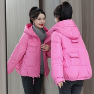 純信棉服女2025冬季韓版寬松百搭連帽女士棉衣顯瘦棉襖保暖面包服外套 口袋玫粉色 L 建議110-125斤
