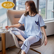 金立芬輕奢睡衣女夏季純棉薄款加大碼短袖七分褲夏天家居服套裝可外穿 524淺藍 M 碼/80斤-100斤