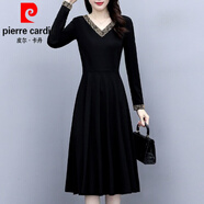 皮爾卡丹（pierre cardin）貴夫人連衣裙女秋冬2024新款大l碼胖收腰顯瘦遮肚子洋氣字裙子針 黑色 XL 【115-125斤】