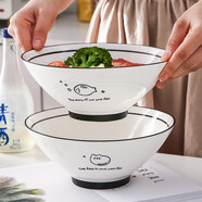 NEWB陶瓷泡面碗帶蓋大號學(xué)校宿舍家用帶手柄可微波爐可愛單個(gè)飯碗 魚斗笠碗-1100ml