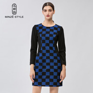 名師路收腰連衣裙中長(cháng)款秋冬裝新款時(shí)尚撞色一步裙毛呢裙子 藏青色58 M