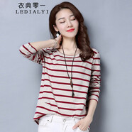 衣典零一（LEDIALYI）2025春秋季女裝新款時(shí)尚寬松洋氣條紋長(zhǎng)袖t恤女短款打底衫薄上衣 棗紅條 M （推薦110斤內(nèi)）