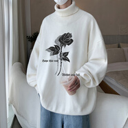 魄克高領(lǐng)毛衣男士春秋季新款美式潮牌玫瑰印花大碼加厚保暖針織衫線(xiàn)衣 白色 XL 125-145斤