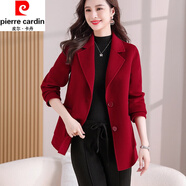 皮爾卡丹（pierre cardin）2023冬季新款保暖雙面呢大衣女短款修身小個(gè)子高端西裝毛呢外套 法國(guó)紅 3XL 146-155斤