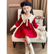 微愛的小松鼠女童連衣裙2025寶寶洋氣裙子小女孩公主兒童娃娃領(lǐng)毛衣裙翻領(lǐng)珍珠 翻領(lǐng)珍珠-紅色 150 (70-92斤)