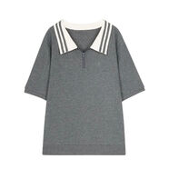 旺冉胖人女裝顯瘦款套裝夏裝大碼胖妹妹200斤韓版胖mm特夏季polo領(lǐng) 灰色【單件上衣】 M【建議100斤內(nèi)】