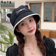 沐銘爾萊庶陽冒春秋帽子女早春夏季貓耳朵漁夫帽甜美可愛學(xué)生太陽韓版日系防曬遮陽帽 貓耳朵漁夫帽 黑色 萌系減齡顯臉小(均碼)