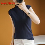 LOVER RUCCI法國 夏季新款桑蠶絲半高領超薄針織衫短袖女氣質上衣寬松休閑T恤 藏藍色 L