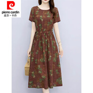 皮爾卡丹連衣裙棉質(zhì)綢長(cháng)裙夏季中長(cháng)新款女中年過(guò)膝碎花棉麻a字裙小個(gè)子女 咖色 2XL 【建議125-135斤】
