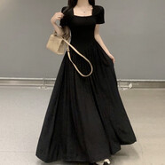 品莠高個(gè)子170拖地到腳踝大擺超長款長裙連衣裙大碼女裝韓系赫本風(fēng)胖M 黑 2XL 2x 140-160斤