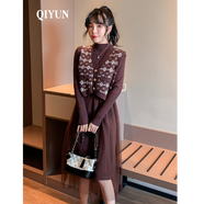 QIYUN 秋冬新款網(wǎng)紗拼接針織連衣裙女中長款兩顯瘦氣質(zhì)打底毛衣裙 咖啡 均碼